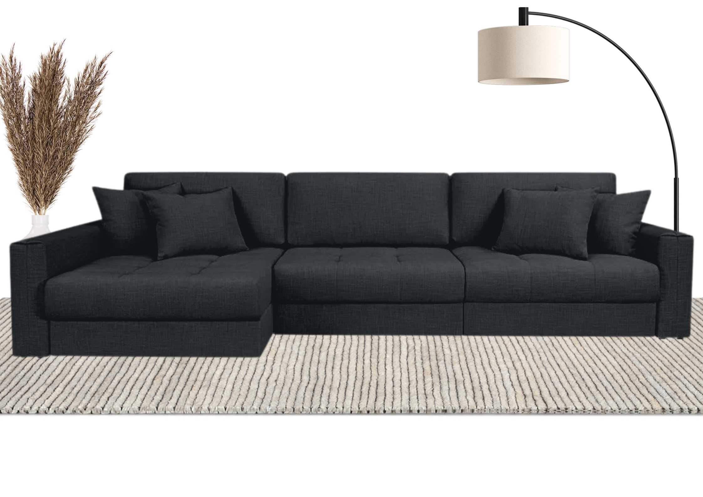 Czarny narożnik modułowy z pikowanym siedziskiem